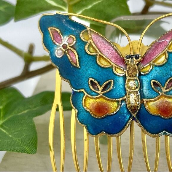 Vintage Enamel Butterfly Floral Hair Comb Gold Blue - Picture 8 of 11